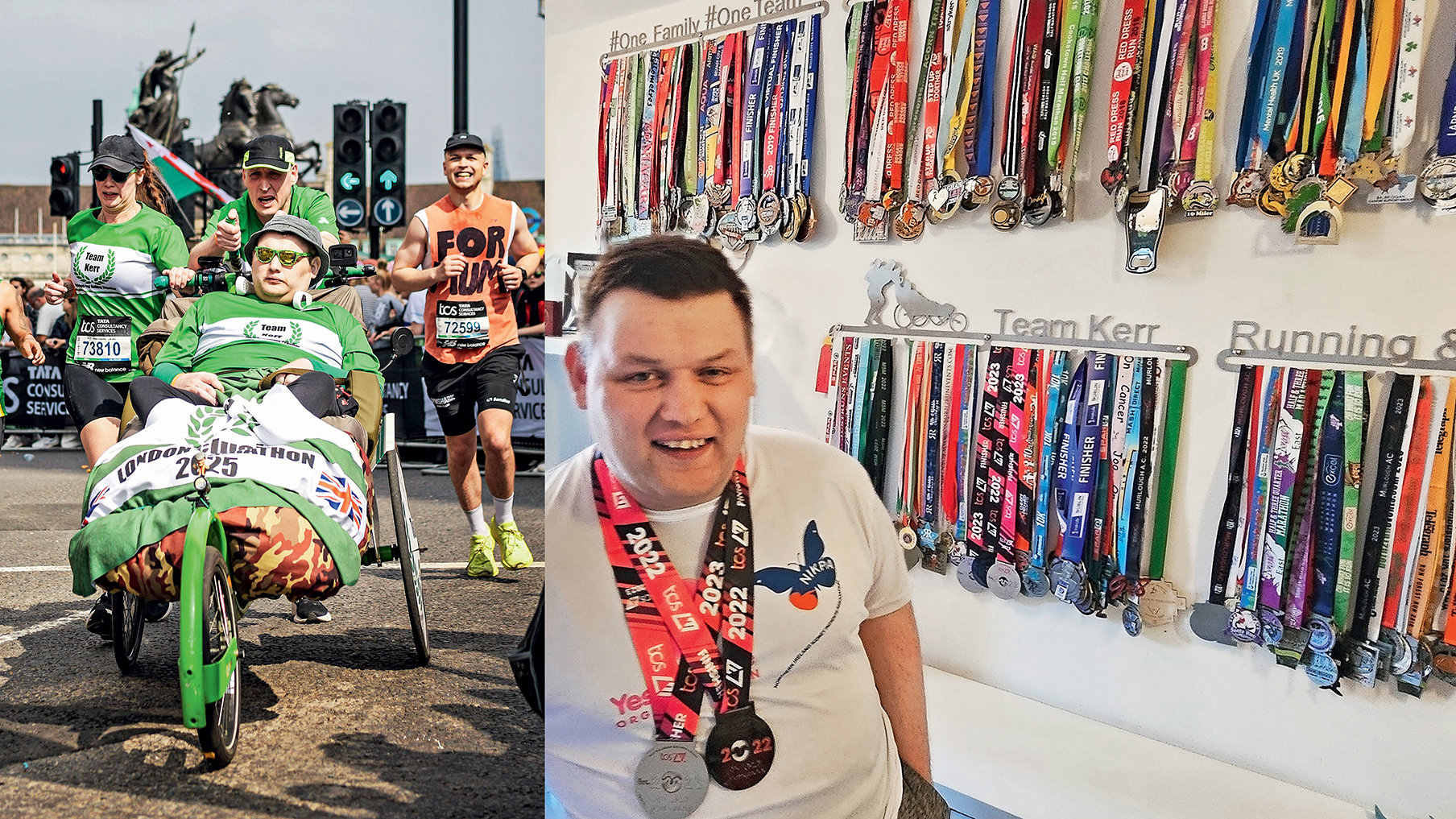 Aaron being pushed by his parents during a race and Aaron sat down wearing medals around his neck, next to more medals on the wall.jpg